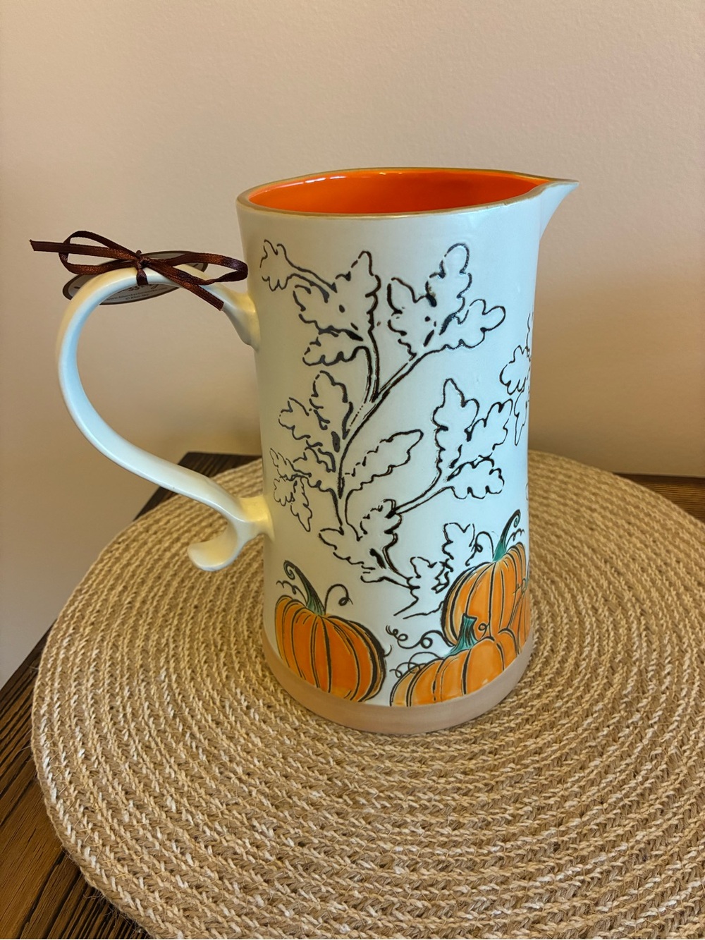 Blue Sky Pumpkin Ceramic Pitcher in Cream and Orange - Picture 5 of 12